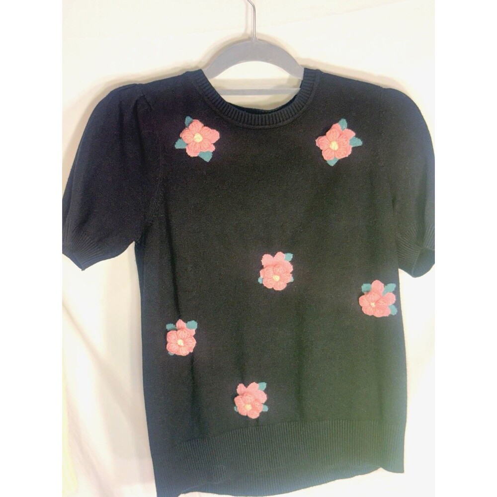 Tahari Womens Knit Sweater 3D Flowers Short Sleeve Black Sz M